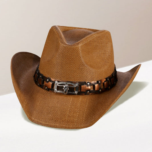 HATEGORY Steer Head Accented Faux Leather Band Straw Cowboy Hat