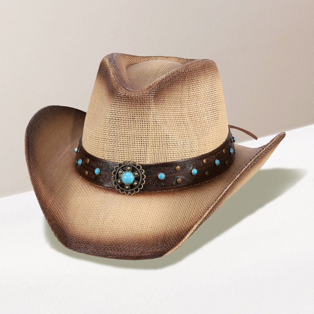 HATEGORY Turquoise Stone Western Flower Pointed Faux Leather Straw Cowboy Hat