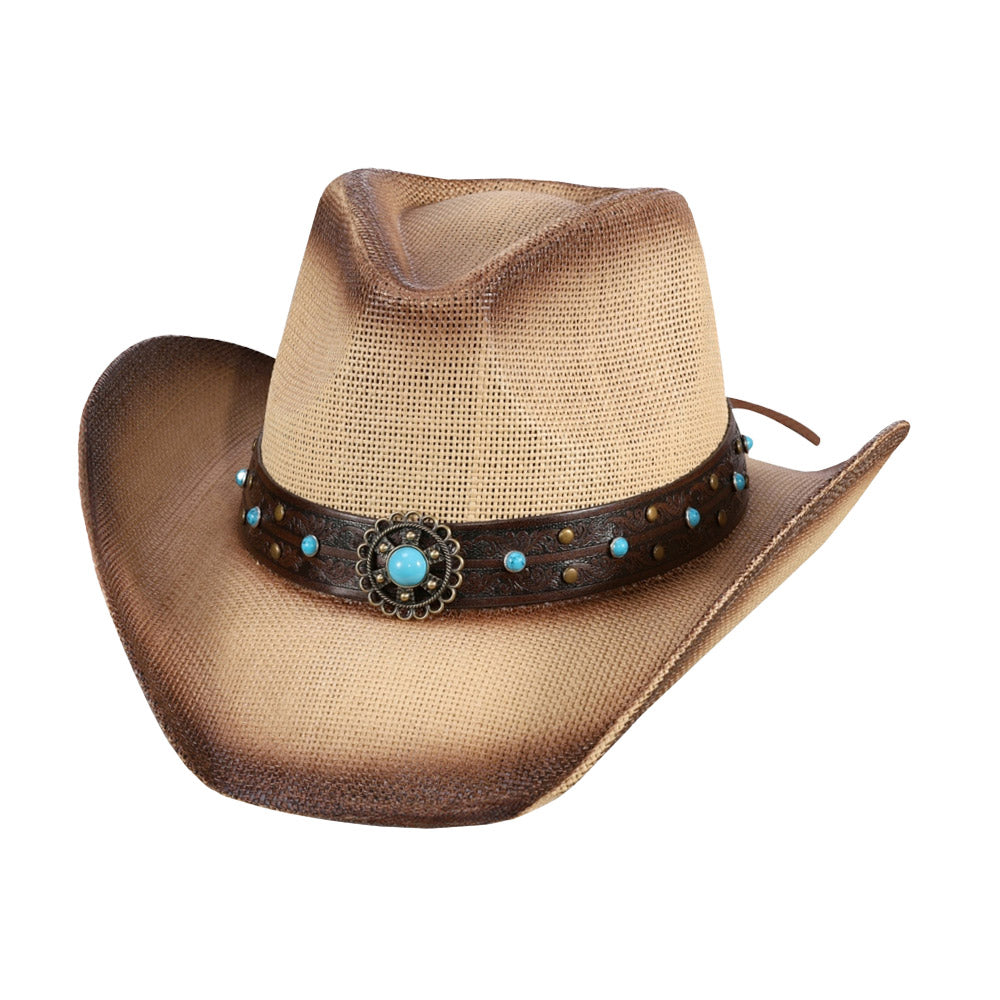 HATEGORY Turquoise Stone Western Flower Pointed Faux Leather Straw Cowboy Hat