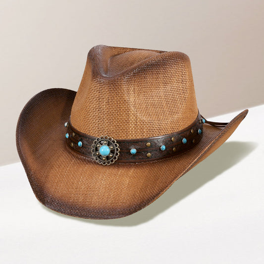 HATEGORY Turquoise Stone Western Flower Pointed Faux Leather Straw Cowboy Hat