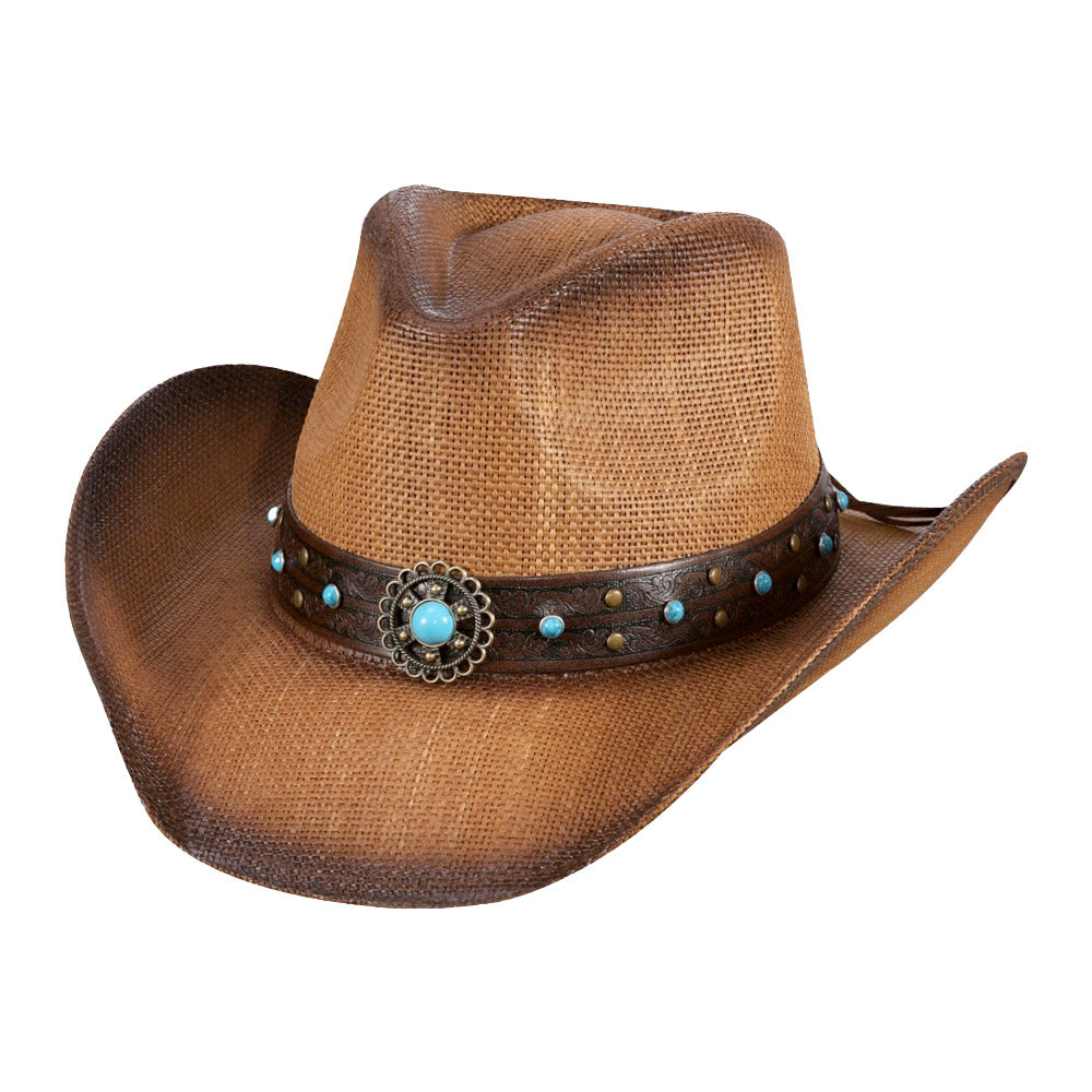 HATEGORY Turquoise Stone Western Flower Pointed Faux Leather Straw Cowboy Hat
