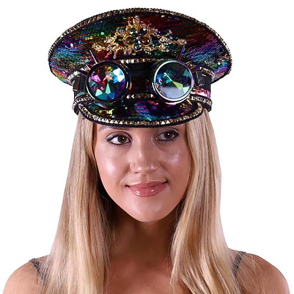 HATEGORY Steampunk Goggle Sequin Captain Rave Hat