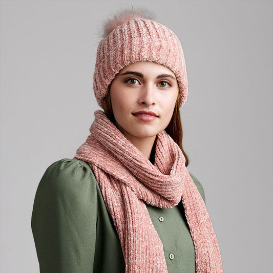 HATEGORY Faux Fur Pom Pom Chenille Beanie Hat