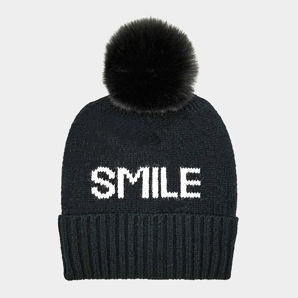 HATEGORY SMILE Message Faux Fur Pom Pom Beanie Hat