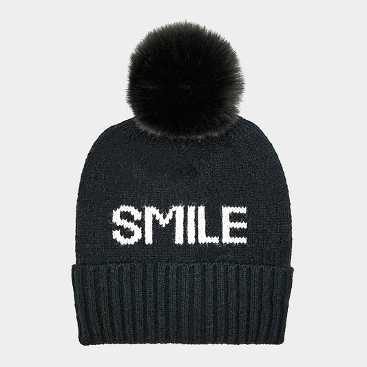 HATEGORY SMILE Message Faux Fur Pom Pom Beanie Hat