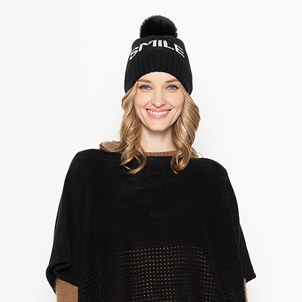HATEGORY SMILE Message Faux Fur Pom Pom Beanie Hat