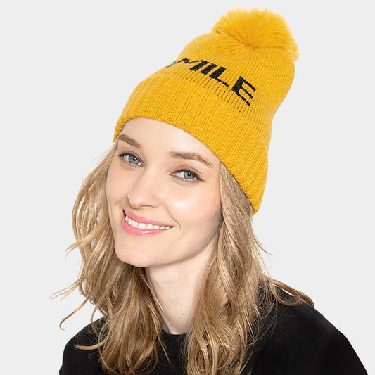 HATEGORY SMILE Message Faux Fur Pom Pom Beanie Hat