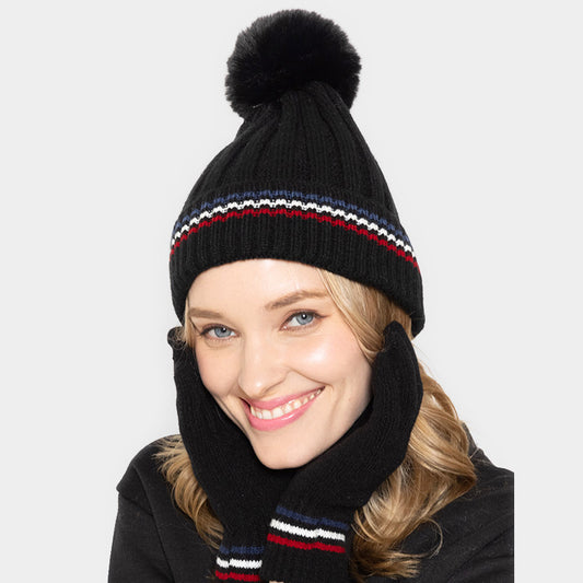 HATEGORY Stripe Pointed Faux Fur Pom Pom Knit Beanie Hat