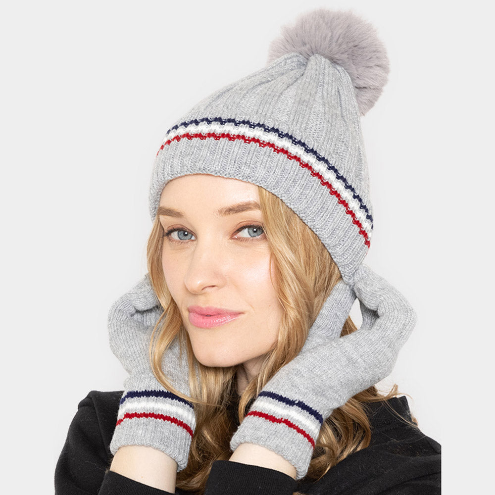 HATEGORY Stripe Pointed Faux Fur Pom Pom Knit Beanie Hat