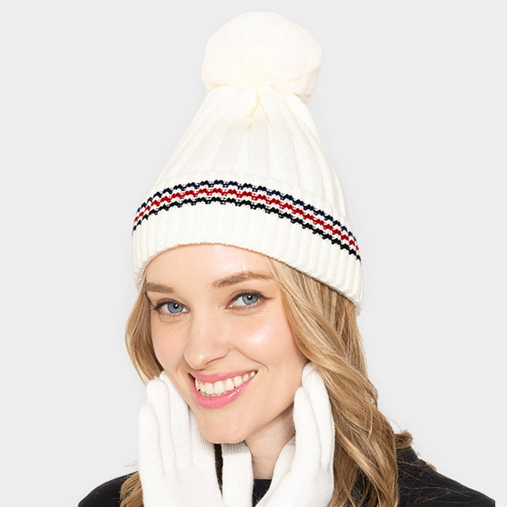 HATEGORY Stripe Pointed Faux Fur Pom Pom Knit Beanie Hat