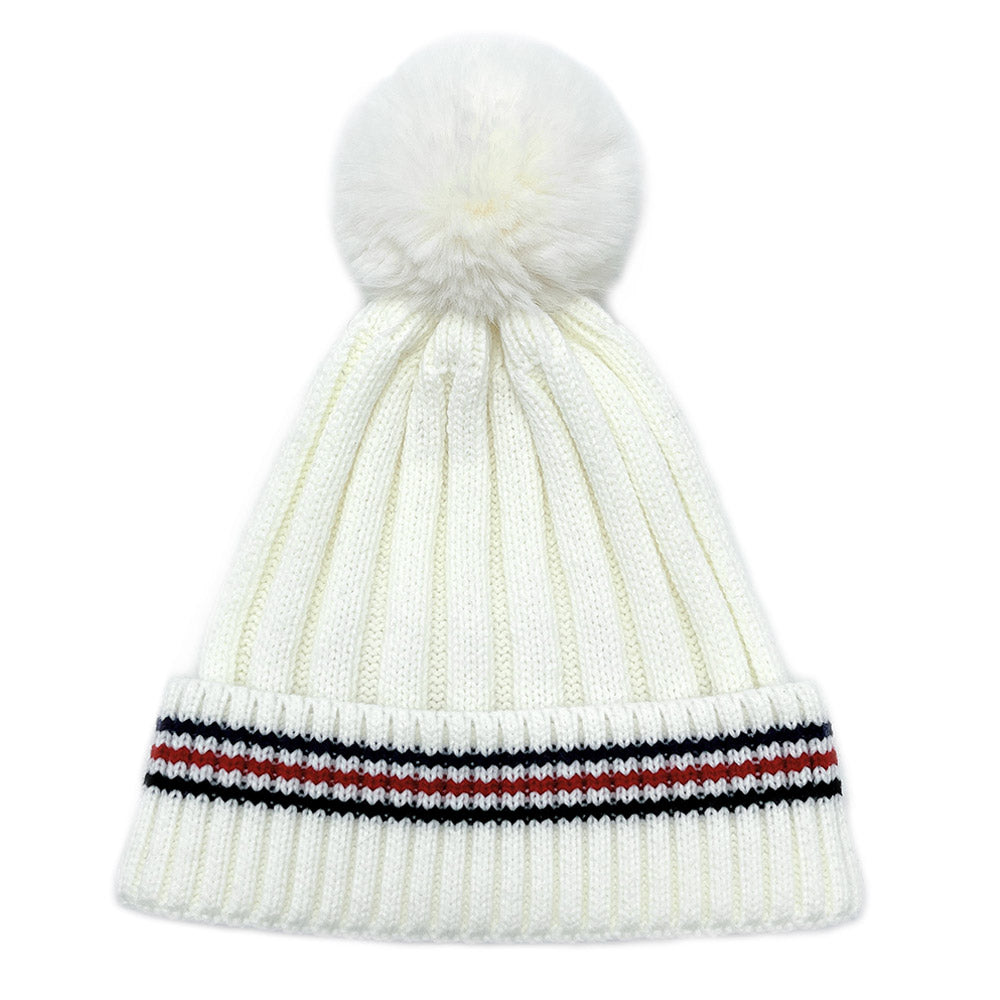 HATEGORY Stripe Pointed Faux Fur Pom Pom Knit Beanie Hat