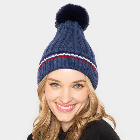 HATEGORY Stripe Pointed Faux Fur Pom Pom Knit Beanie Hat