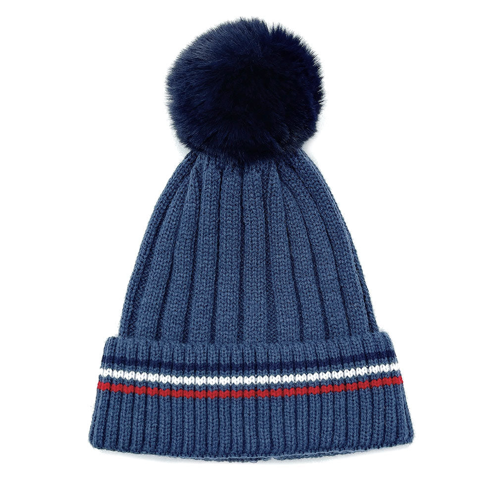 HATEGORY Stripe Pointed Faux Fur Pom Pom Knit Beanie Hat