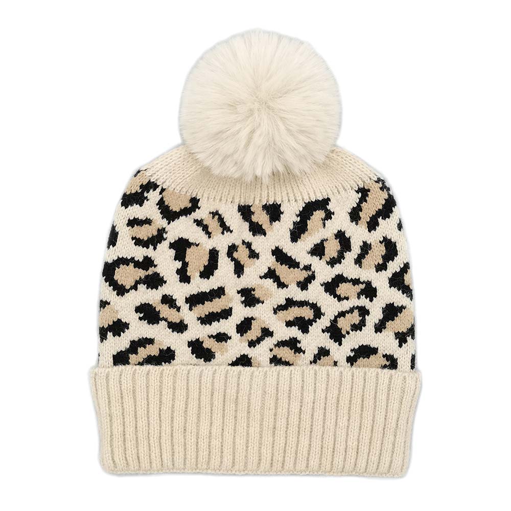 HATEGORY Leopard Patterned Faux Fur Pom Pom Ribbed Beanie Hat