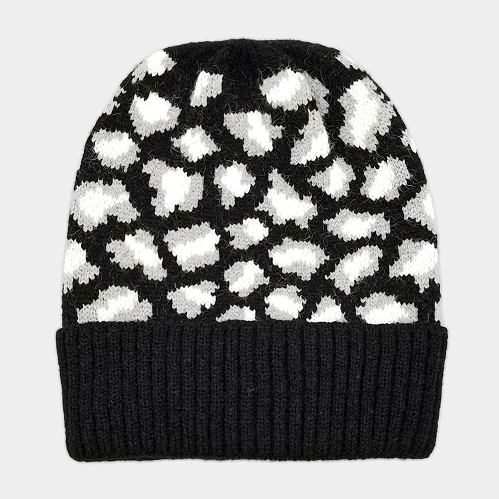 HATEGORY Leopard Patterned Ribbed Knit Cuff Beanie Hat