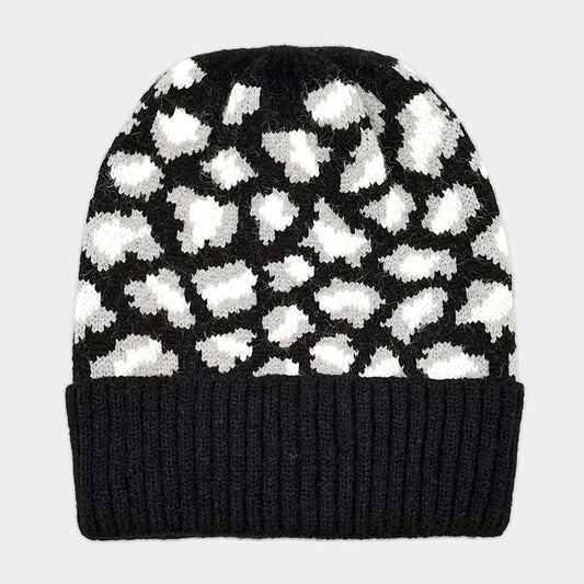 HATEGORY Leopard Patterned Ribbed Knit Cuff Beanie Hat