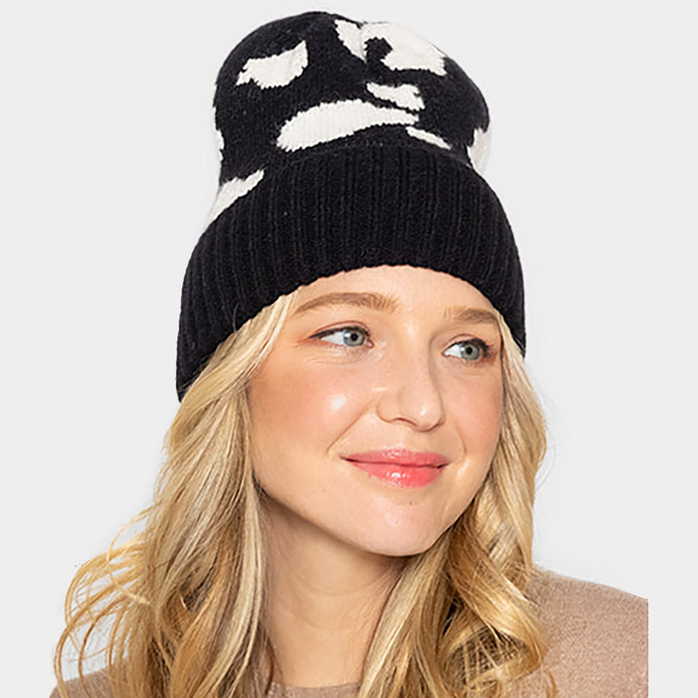HATEGORY Cow Patterned Ribbed Knit Cuff Beanie Hat