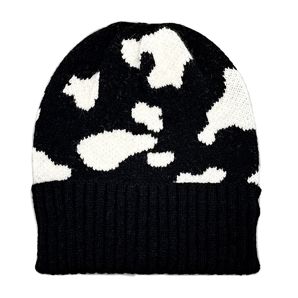 HATEGORY Cow Patterned Ribbed Knit Cuff Beanie Hat