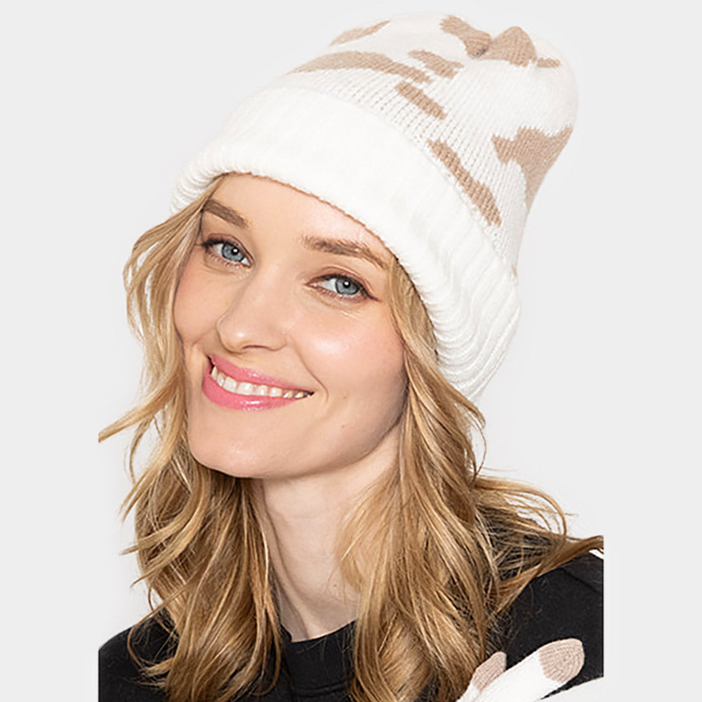 HATEGORY Cow Patterned Ribbed Knit Cuff Beanie Hat
