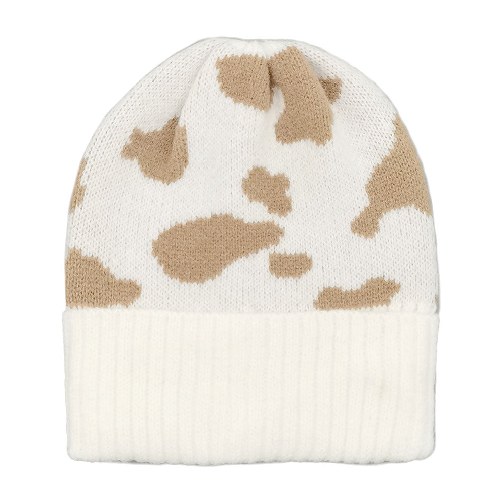 HATEGORY Cow Patterned Ribbed Knit Cuff Beanie Hat