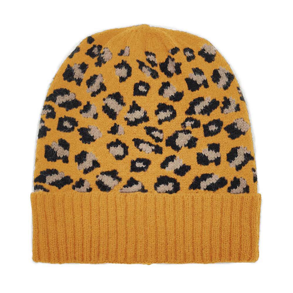 HATEGORY Leopard Patterned Ribbed Cuff Beanie Hat
