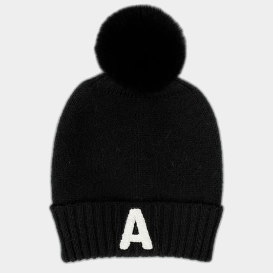 HATEGORY -A- Monogram Faux Fur Pom Pom Knit Beanie Hat