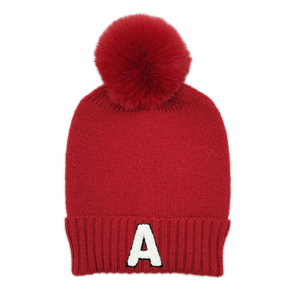 HATEGORY -A- Initial Monogram Faux Fur Pom Pom Knit Beanie Hat