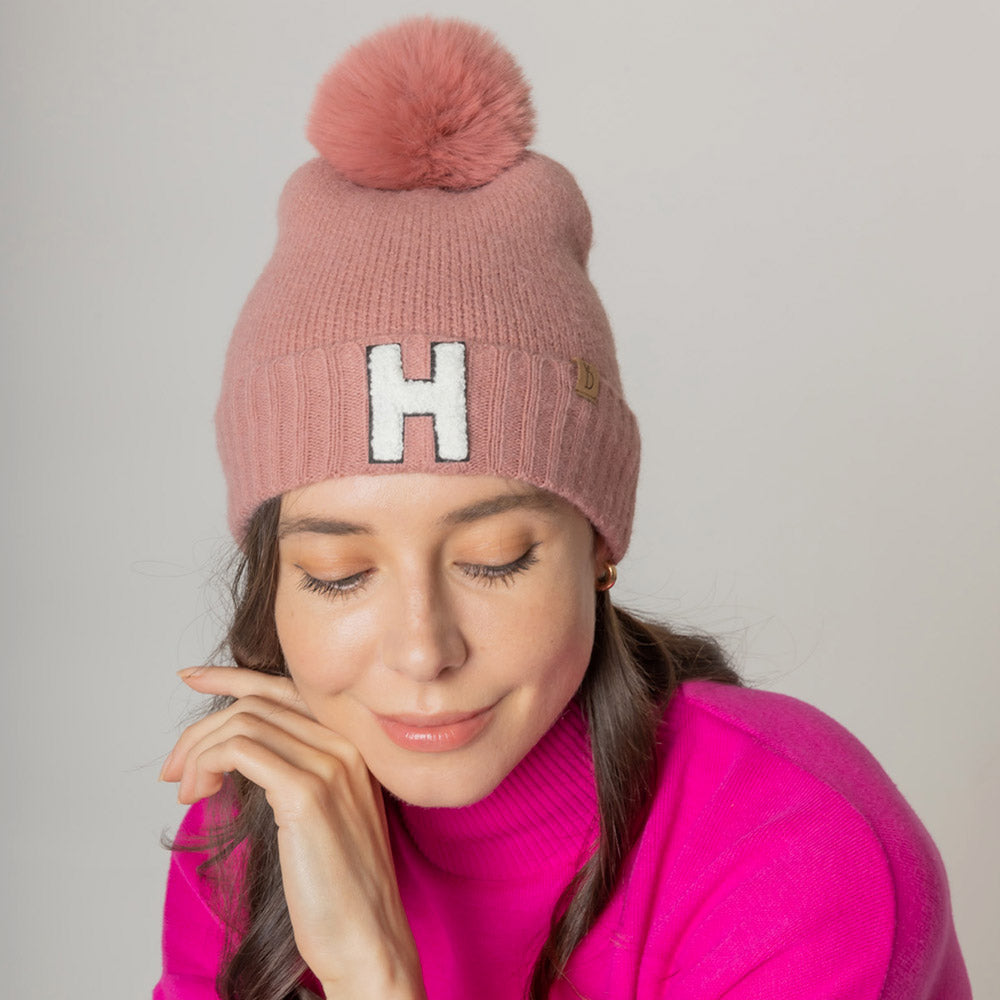 HATEGORY -A- Monogram Faux Fur Pom Pom Knit Beanie Hat