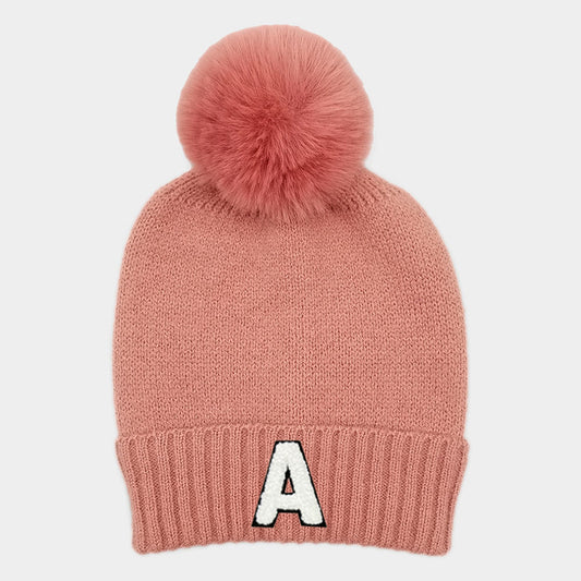 HATEGORY -A- Initial Monogram Faux Fur Pom Pom Knit Beanie Hat