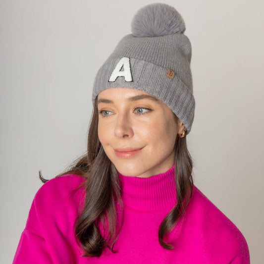 HATEGORY -A- Initial Monogram Faux Fur Pom Pom Knit Beanie Hat