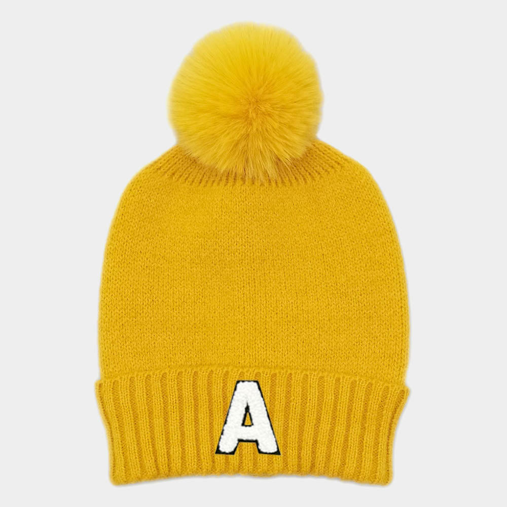 HATEGORY -A- Initial Monogram Faux Fur Pom Pom Knit Beanie Hat