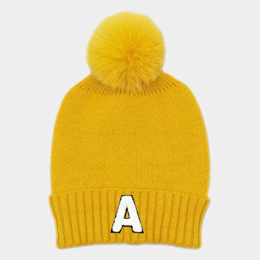 HATEGORY -A- Initial Monogram Faux Fur Pom Pom Knit Beanie Hat