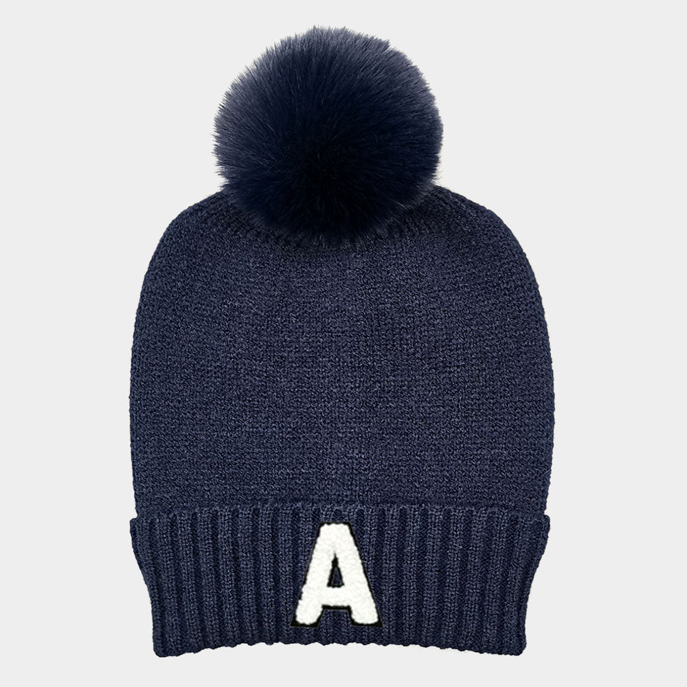 HATEGORY -A- Initial Monogram Faux Fur Pom Pom Knit Beanie Hat