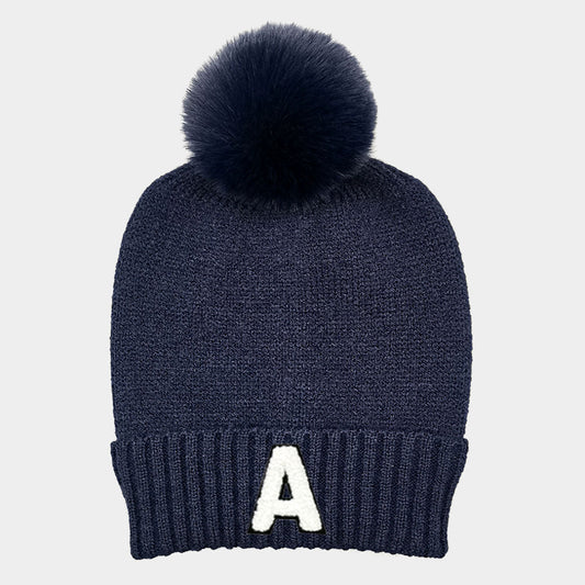 HATEGORY -A- Initial Monogram Faux Fur Pom Pom Knit Beanie Hat