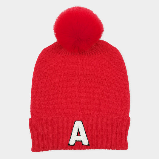 HATEGORY -A- Initial Monogram Faux Fur Pom Pom Knit Beanie Hat