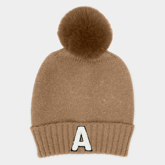 HATEGORY -A- Initial Monogram Faux Fur Pom Pom Knit Beanie Hat
