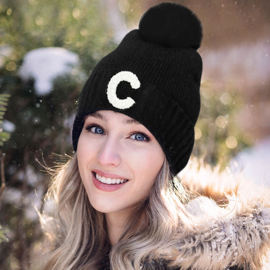 HATEGORY -C- Initial Monogram Faux Fur Pom Pom Knit Beanie Hat