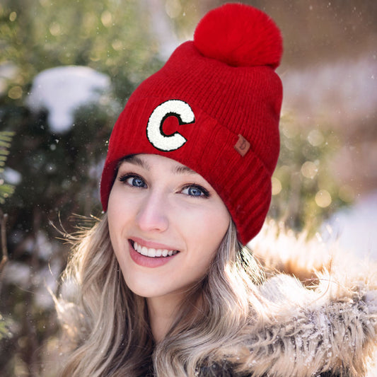 HATEGORY -C- Initial Monogram Faux Fur Pom Pom Knit Beanie Hat