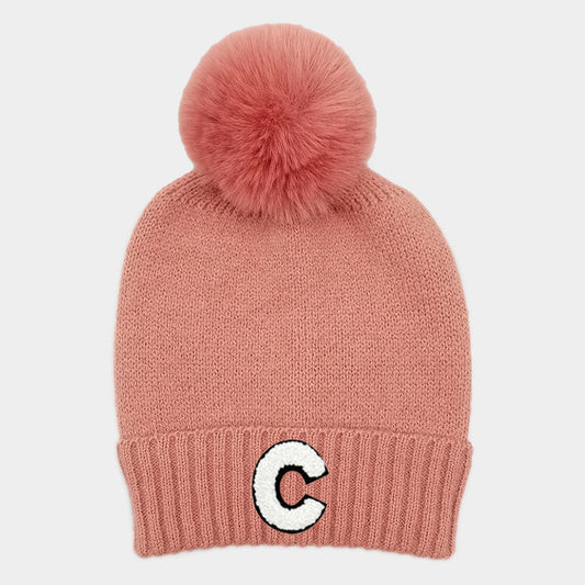 HATEGORY -C- Initial Monogram Faux Fur Pom Pom Knit Beanie Hat