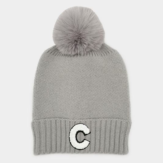 HATEGORY -C- Initial Monogram Faux Fur Pom Pom Knit Beanie Hat