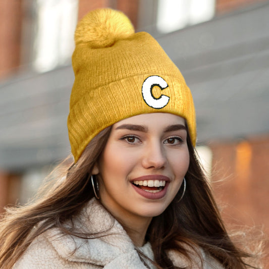 HATEGORY -C- Initial Monogram Faux Fur Pom Pom Knit Beanie Hat