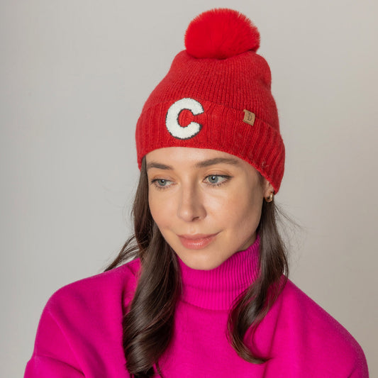 HATEGORY -C- Monogram Faux Fur Pom Pom Knit Beanie Hat