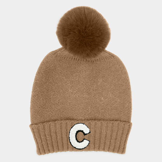 HATEGORY -C- Initial Monogram Faux Fur Pom Pom Knit Beanie Hat