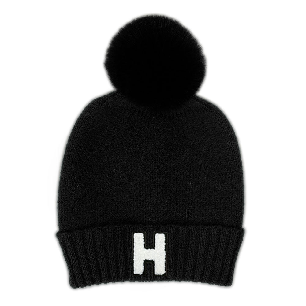 HATEGORY -H- Initial Monogram Faux Fur Pom Pom Knit Beanie Hat