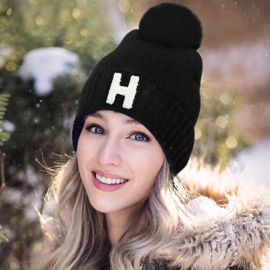 HATEGORY -H- Initial Monogram Faux Fur Pom Pom Knit Beanie Hat