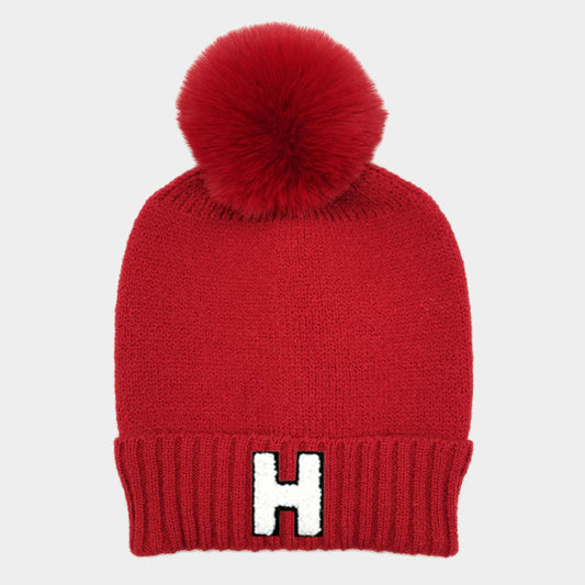 HATEGORY -H- Initial Monogram Faux Fur Pom Pom Knit Beanie Hat
