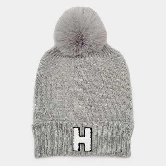 HATEGORY -H- Initial Monogram Faux Fur Pom Pom Knit Beanie Hat
