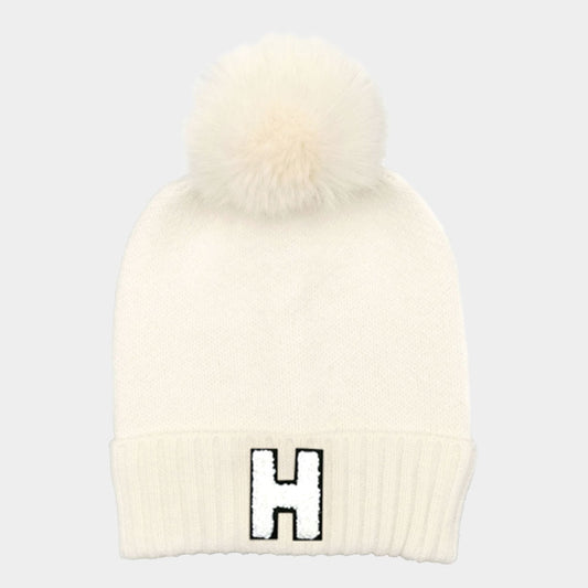 HATEGORY -H- Initial Monogram  Faux Fur Pom Pom Knit Beanie Hat
