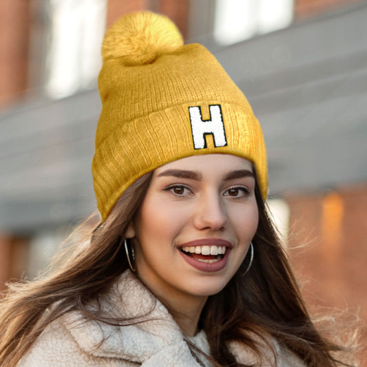 HATEGORY -H- Initial Monogram Faux Fur Pom Pom Knit Beanie Hat