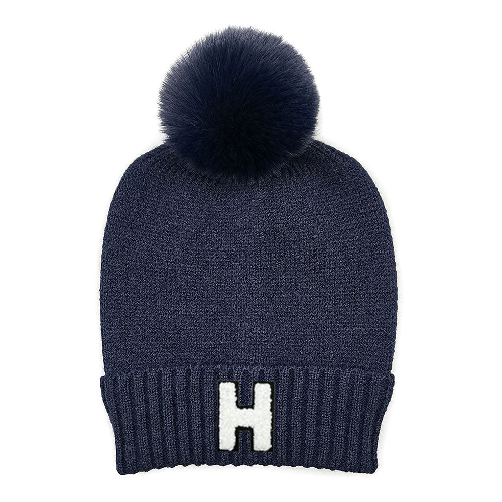 HATEGORY -H- Initial Monogram Faux Fur Pom Pom Knit Beanie Hat